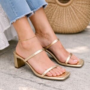 Faryl Gold Block Heel Slide Sandals Square Toe | Women’s Size 8.5